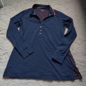 Nautica Active Dark Navy Blue Women's Long Sleeve Polo Shirt Orange Stripe Back